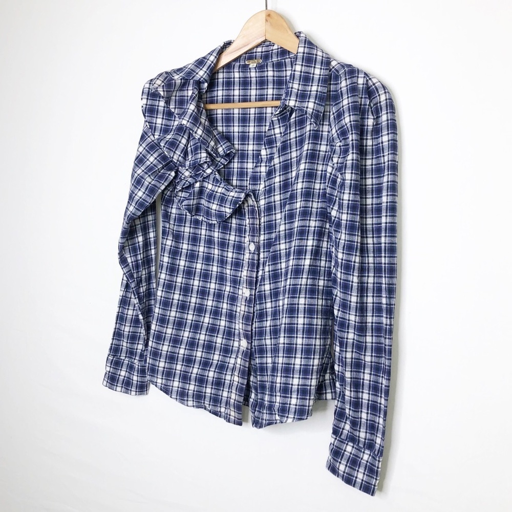 Johanna Ortiz Navy and White Plaid Button-Down Shirt - Picture 9 of 12